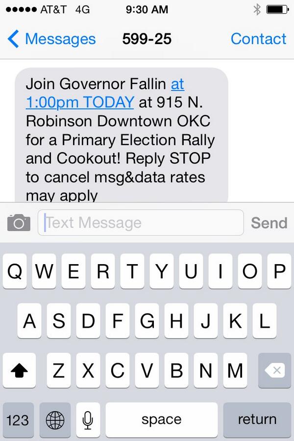LtGovPinnell's tweet photo. Anything more efficient & effective in campaigns these days than a simple text message? I still say no. #ok2014 http://t.co/9rjZkqf94h