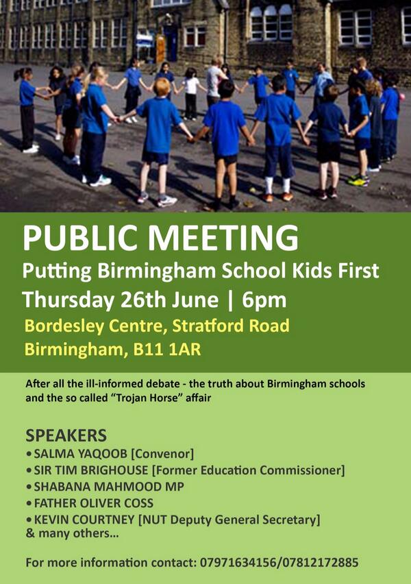 SalmaYaqoob's tweet photo. Pls join me,Tim Brighouse, @ShabanaMahmood , parents, pupils &amp; many others on Thurs to discuss truth abt #TrojanHorse http://t.co/I3b5XKSbwu
