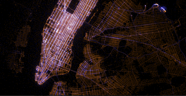 Mapbox's tweet photo. All New York City taxi trips in 2013, mapped by @enf https://t.co/XFu5AdZ2vk data opened by @chris_whong + @andresmh http://t.co/eVJbCc4vDL