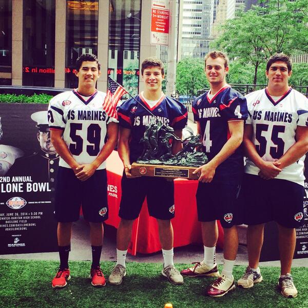 Jerseymarines's tweet photo. Players in the 2nd Annual Basilone Bowl pose with @foxandfriends In NYC this morning. #basilonebowl #jerseymarines http://t.co/6fS6Xs2wvc