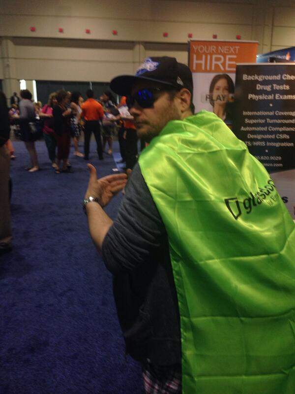 lorilmaher's tweet photo. Purdy! @mattcharney sporting @Glassdoor #magiccape #shrm14 #sexyandyouknowit http://t.co/5YADB47dIy