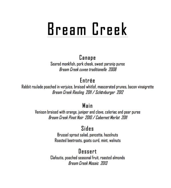 Menu for tomorrow night's dinner with Fred Peacock and wines from <a href="/BreamCkVineyard/">BreamCreekVineyard</a>. There is still a few spots left!!