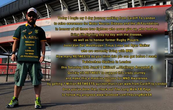 PharSideWSA's tweet photo. Lets go! #TheLongWalk Cardiff 2 London plsRT @BallzRadio @9Joost @TheSharksZA @SARugbyLegends @News24 @Tight5EventsUK http://t.co/r7pVP7ViRs