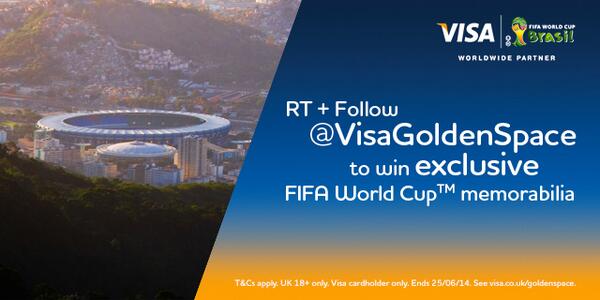 VisaUK's tweet photo. WIN exclusive matchday memorabilia straight from the pitches of Brazil! Just RT + Follow to enter #WorldCupPrizes http://t.co/IbLI7i7Vjx