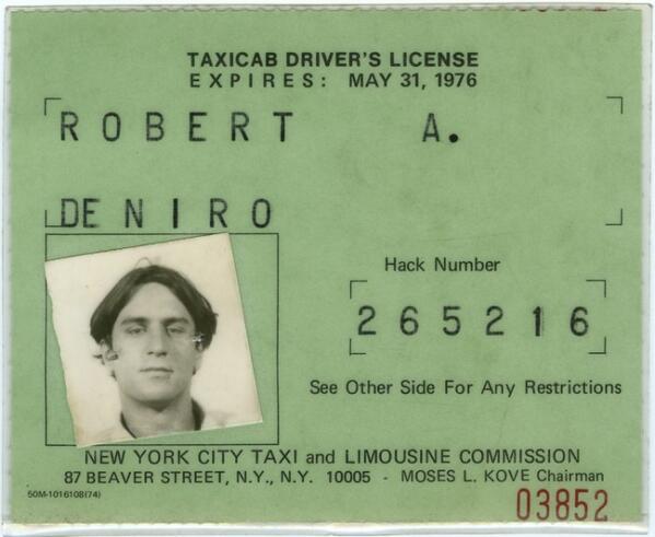 openculture's tweet photo. Robert De Niro’s Taxi Cab License Used to Prepare for Taxi Driver (1976) http://t.co/707a6HVjGE http://t.co/BOfbFIBeqr