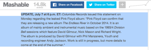 BAHjournalist's tweet image. Just in: Confirmed details on Pink Floyd's new album from @ColumbiaRecords. Full story here: on.mash.to/1mZlYLd