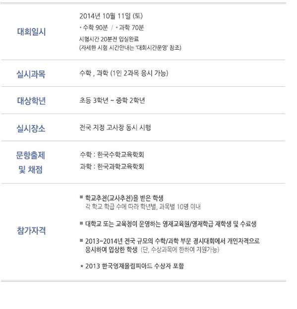 mathwizard79's tweet image. 2014 한국영재 올림피아드 대회 일정, 시행요강
대회일시 : 2014년 10월 11일 토요일 [오후2:00~3:30]
접수기간 : 2014년 7월 7일 ~ 7월 25일