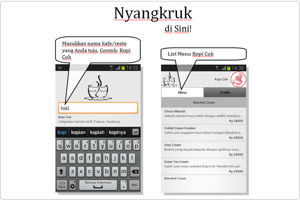 nyangkrukCom's tweet photo. @Afrida_Laloo Klo k kopi cok lgi, menu2nya dpt dliat via android ni Kak, :) RTin jg ya, thx https://t.co/MFVlABrBzN http://t.co/6QBRpjpDKq