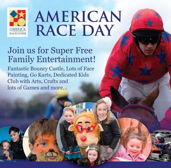 4thjulylimerick's tweet photo. It's All American Race Day at @LimerickRaces with 7 NH races, free entry for kids &amp; US passport holders! #Limerick http://t.co/3iPJXLPJja