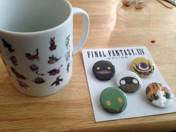 FFXIVhub's tweet photo. #FFXIV #FF14 Nice ones! - RT @Aqualin_FFXIV: "My FC leader sent this minion mug and buttons, straight from Japan! http://t.co/oP9PXu2qoW"