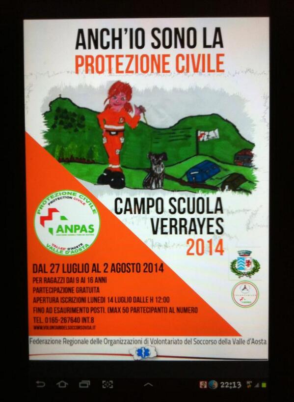 AnpasVda's tweet photo. #Verrayes Dal 27/7al 2/8 CAMPI SCUOLA DI Protezione Civile @AnpasVda Iscrizioni da14/07,n°max 50 partecipanti http://t.co/KcqVsaN8Td