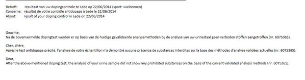 MotteDavid's tweet photo. Resultaat Dopingcontrole Profkoers Lede #2econtrolevanhetseizoen #negatief http://t.co/OhmTfHmkFO