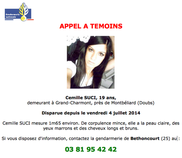 Gendarmerie's tweet photo. ❗#Doubs - #AppelàTémoins lancé après la disparition inquiétante d'une jeune femme de 19 ans près de #Montbéliard http://t.co/cLsfqb5rrf