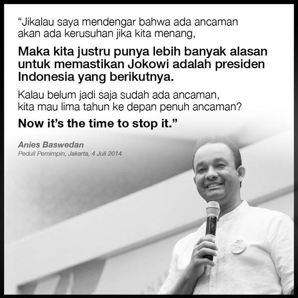 pandji's tweet photo. :) “@edwardsuhadi: Takut intimidasi kerusuhan nanti tanggal 9? Mas @aniesbaswedan bilang kemarin: http://t.co/6pn4RM0pCa”
