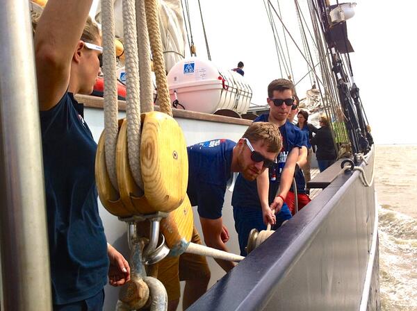 Wylde Swan crew is speeding up! #tallshipsrace Crew is tuning the rigging.