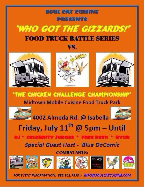 Food Truck Battle Friday 7/11 5pm til 4002 Almeda Rd <a href="/midtownmobile40/">Midtown Food Park</a> Chicken Challenge <a href="/SoulCatCuisine/">Soul Cat Cuisine HTX</a> <a href="/PockettoMe/">POCKet to Me</a>