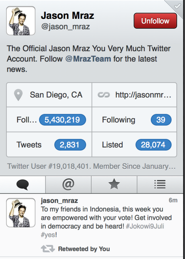 YA TUHAN! RT <a href="/aMrazing/">Alexander Thian</a>: JASON MRAZ, LADIES AND GENTLEMEN, ENDORSING JOKOWI! :’) #Jokowi9Juli