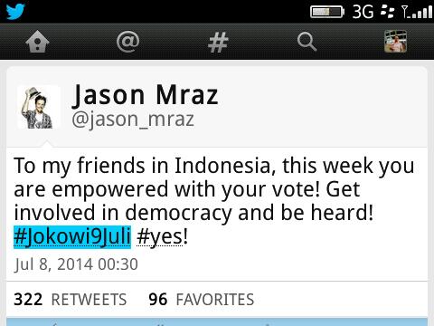 arys_gunawan's tweet photo. @wenzrawk @dirasugandi @jokoanwar ini si @jason_mraz pun ngetweet #Jokowi9Juli !! http://t.co/xBQSf0tTb3