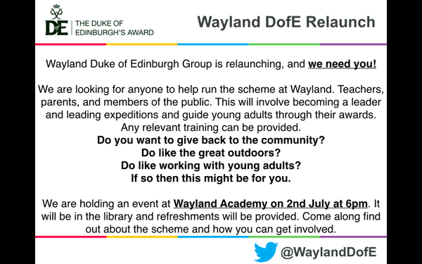 WaylandDofE's tweet photo. Wayland DofE Relaunch
Want to get involved with Wayland DofE @WaylandAcademy then join us on 2nd July 6pm http://t.co/gDKts4stF4