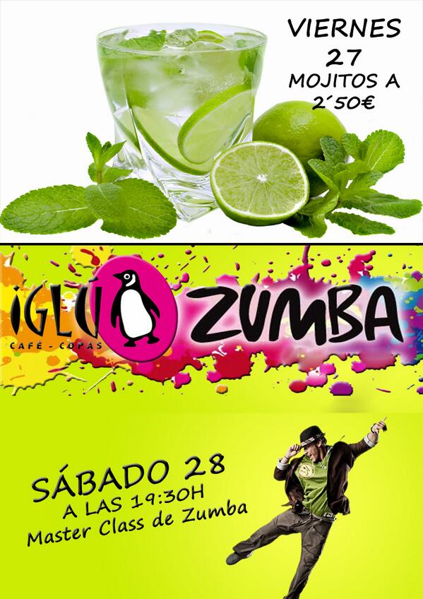 Iglucopas's tweet photo. Viernes 27, Mojitos a 2´50€ !! Sábado 28 Master Class de Zumba a partir de las 19:30h en @Iglucopas http://t.co/bZkQ7CHwWp