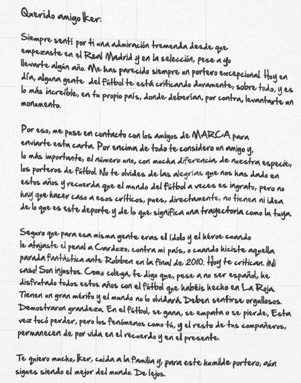 IsmaChila's tweet photo. Carta de Chilavert a Iker Casillas (@CasillasWorld) vía @marca. #Enorme http://t.co/1OOsEpdGl9