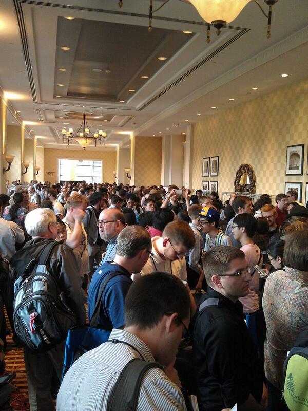 mayhewsw's tweet image. New way to network at #acl14nlp: put 2000 researchers in a space intended for 1000.