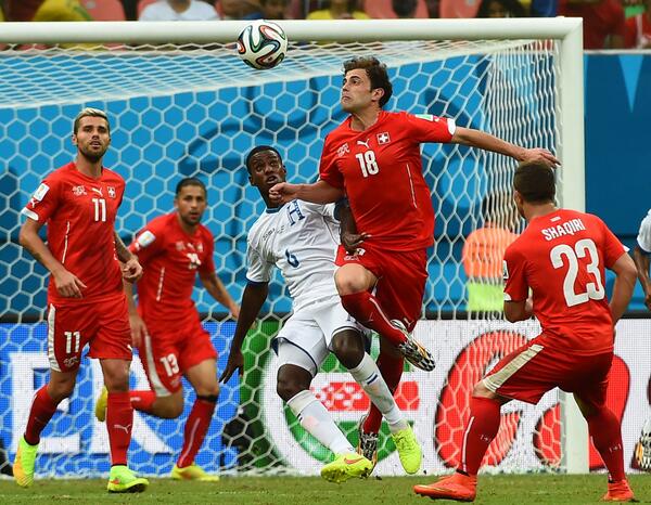 BBCSport's tweet image. FT: #HON 0-3 #SUI. Xherdan Shaqiri hat-trick secures #SUI round of 16 #WorldCup spot. bbc.in/1jP6ZTY #HONSUI