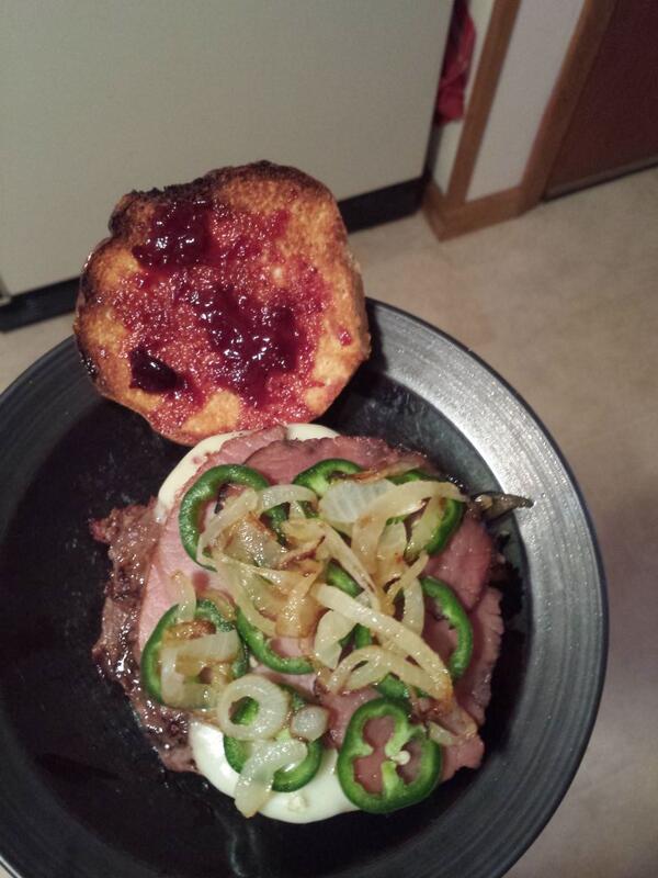 Skipwich's tweet photo. Buffalo burger with cooper cheese, fried ham, fresh jalapeños, sauteed onion, and straw/blue berry jam #outdidmyself http://t.co/03ooBXX0ht