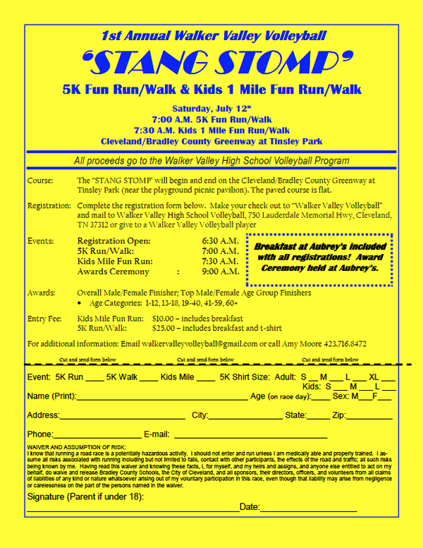 CHECK OUT WalkerValley's 1st Annual STANG STOMP 5K Fun Run/Walk &amp; Kids 1 Mile Fun Run/Walk on Sat 7/12 (see image)