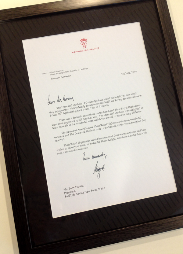 slsnsw's tweet photo. Letter from #KensingtonPalace! Congrats @NorthSteyneSLSC @QueensieSLSC @ManlyLSC &amp; all clubbies! #duchessofcambridge http://t.co/Rf3dgNhSRz