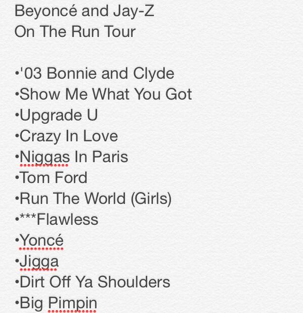 Beyonce And Jay Z On The Run Tour Setlist