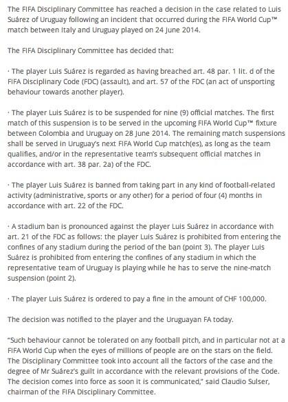 mrjakehumphrey's tweet image. For those inclined, here's the full FIFA statement on #Suarez
