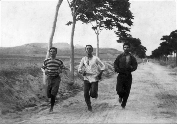 HitWithHistory's tweet image. Three men #running in the first marathon at the Summer #Olympics-1896