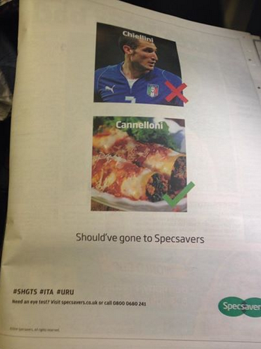 Specsavers Ad on the Metro this morning made me laugh #SuarezDiet #ItaliaUruguay #WorldCup2014