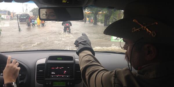 Flooding in Recife. Teddy Goalsevelt guiding our car through the tough waters. Onwards to the stadium! #LetsDoThis