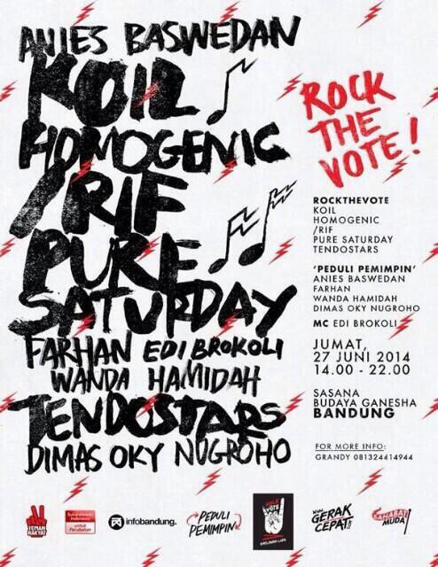 #RockTheVote Bandung menampilkan <a href="/koiltv/">KOIL BAND</a>, <a href="/Homogenicworld/">HMGNC</a>, <a href="/__rif/">Turn Off The Light</a>, <a href="/PureSaturdayBdg/">Pure Saturday</a>, <a href="/tendostars/">tendostars</a> 27 Juni @ Sabuga