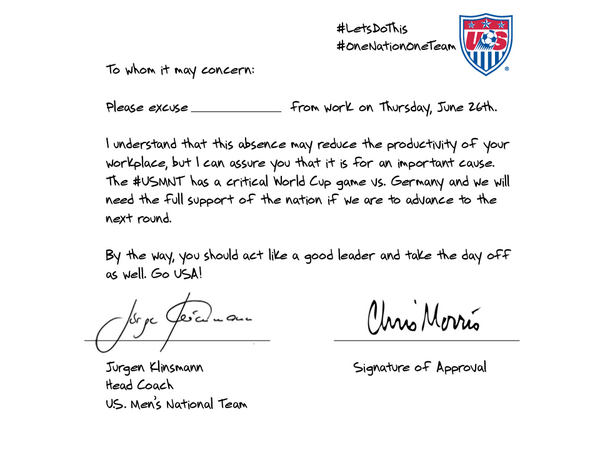 WoodfordReserve's tweet photo. If your boss won't give you the day off, Chris Morris will. @ussoccer @J_Klinsmann #MasterApproved USMNT #LetsDoThis http://t.co/pPeRN2RYTq