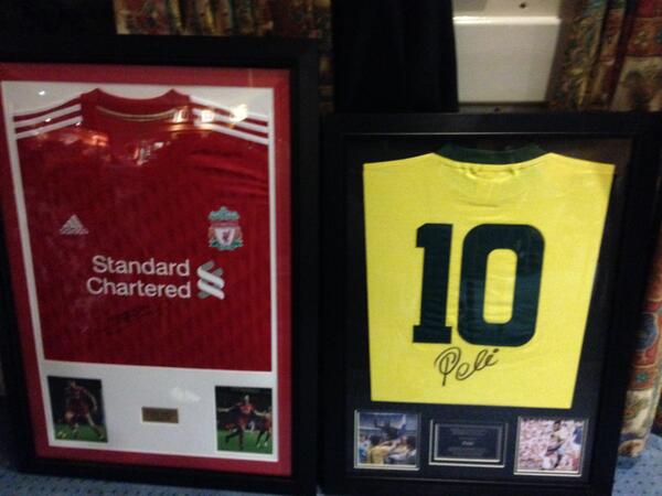 Couple of old shirts for the office wall.  All for charity and what players… Gerrard + Pele.