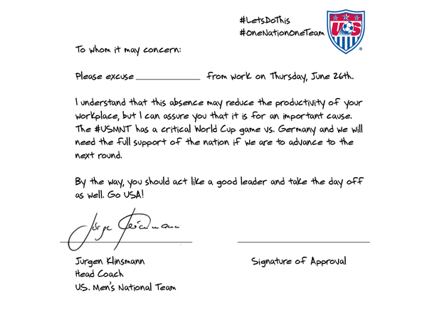 espn's tweet image. If you need permission to watch #USAvsGER, @ussoccer has you covered -&amp;gt; es.pn/TALkIm