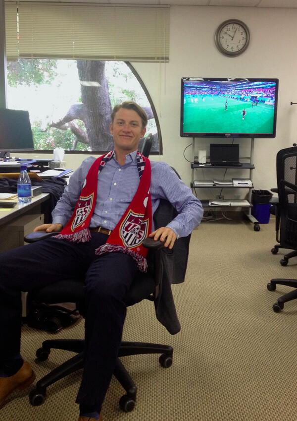 SkyhighSecurity's tweet photo. Watching #USAvsGermany at Skyhigh. @Bcookshow dons red, white, and blue in style #Howareyouwatching http://t.co/7Eqsuu7LKF