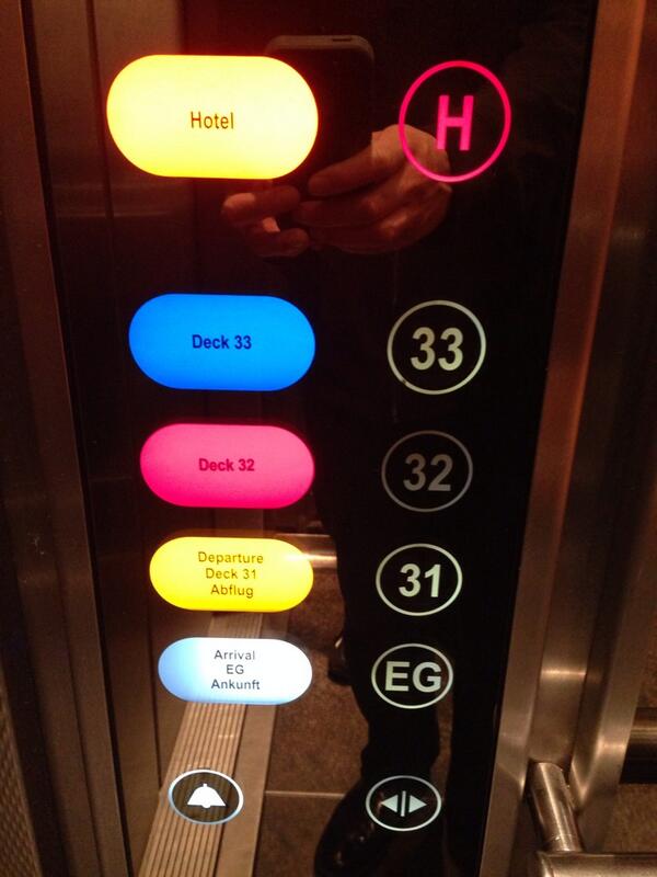 GarrettRWang's tweet photo. The elevator controls in the Sheraton Düsseldorf seem to be inspired by #StarTrek #fedcon2014 @fedcon #Sonntag1Juni http://t.co/0BJYUyq3EK
