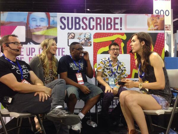 Clintus's tweet photo. #Fullscreeners playing the worst video games ever at the @Fullscreen booth. #FullscreenVidCon #VidCon http://t.co/45UXd2YUom