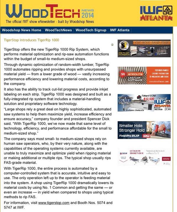 TigerStop's tweet image. Awesome #TigerRip1000 feature in @WoodshopNews #CutTheScrap #DynamicOptimization #PrecisionRoughMill
