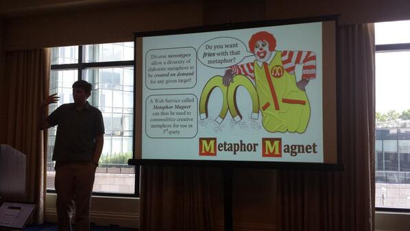 gplynch's tweet image. #acl14nlp Tony Veale : Commoditizing Computational Creativity: Metaphors While U Wait #metaphormagnet
