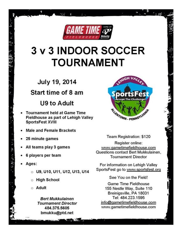 gametimefh's tweet photo. 3v3 Indoor Soccer Tournament at @gametimefh for @SportFest2014 signups online! #sportsfest http://t.co/1fjmNoHcx0