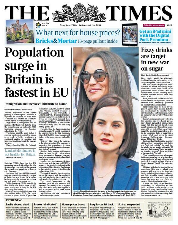 SkyNews's tweet image. TIMES FRONT PAGE:"Population surge in Britain is fastest in EU" #skypapers