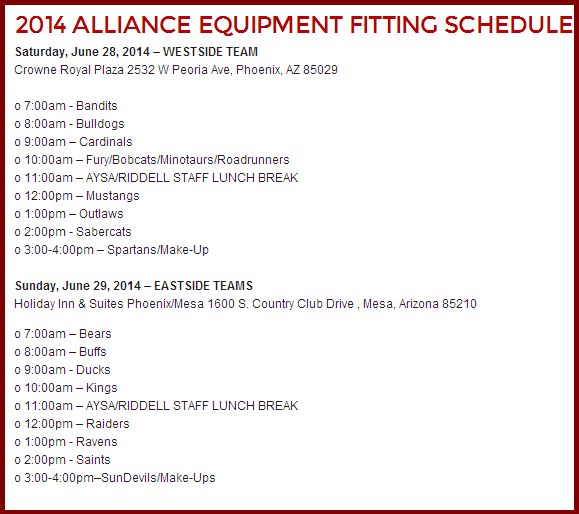 AllianceYouthSp's tweet photo. This weekend's equipment fitting schedule for the AYSA East and West divisions. http://t.co/qHGr8LCjGQ