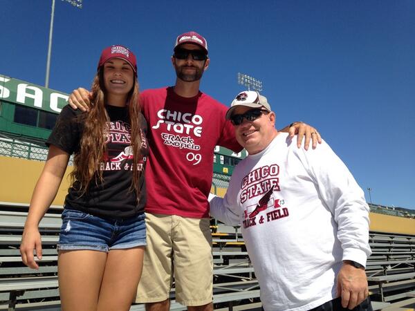 ChicoStateTrack's tweet photo. @WhitburnBrooke, 2014's #1 US frosh Long Jumper for D2 enjoying #USAoutdoors w/ Coach and Dad @ChicoWildcats http://t.co/oQzC3ieowy