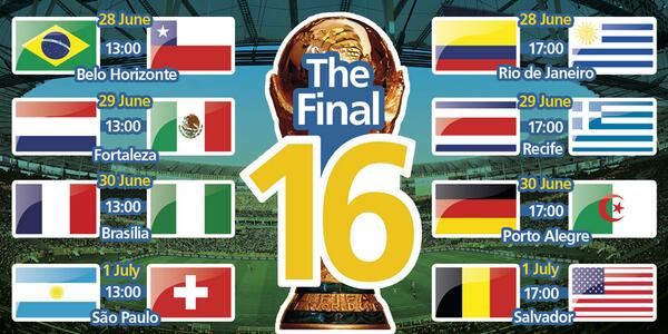 #WORLDCUP ROUND OF 16:
#BRA-#CHI, #COL-#URU
#NED-#MEX, #CRC-#GRE 
#FRA-#NGA, #GER-#ALG 
#ARG-#SUI, #BEL-#USA 
#Joinin