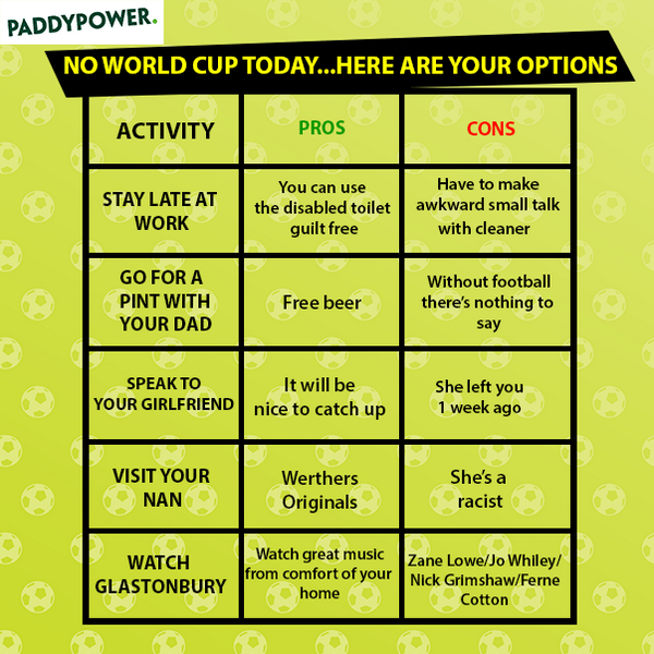 paddypower's tweet photo. No World Cup...here are your options today... http://t.co/6rmS2TPsk1